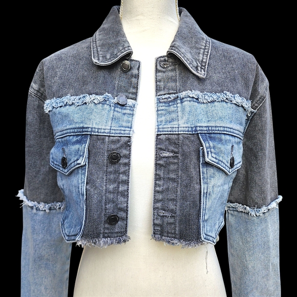 PrettyLittleThing Patchwork Cropped Denim Jacket size Small NWT - Picture 1 of 5